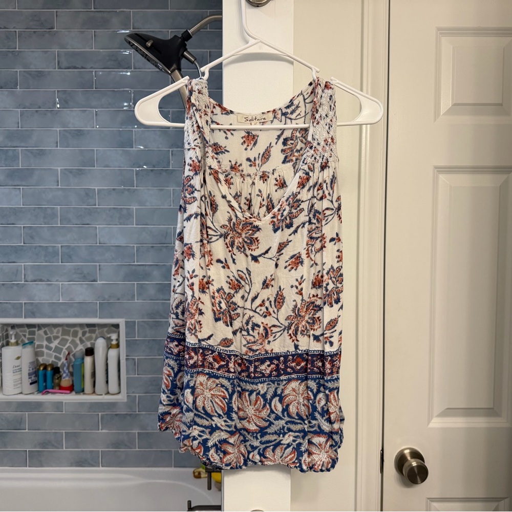Solitaire Floral Top with Blue and Orange Accents